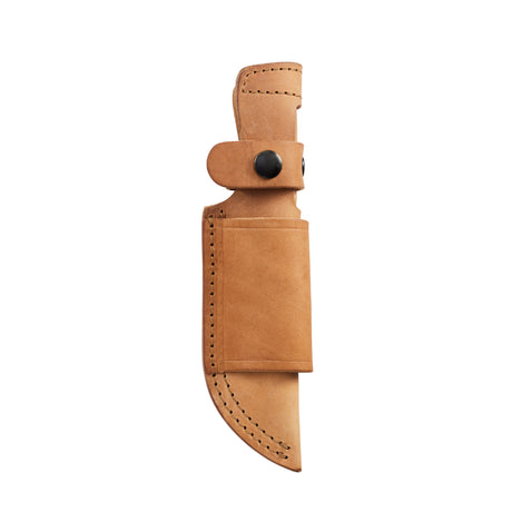 Translation missing: en.Tan leather belt sheath with black snap closures and reinforced stitching, designed to securely hold a fixed-blade knife
