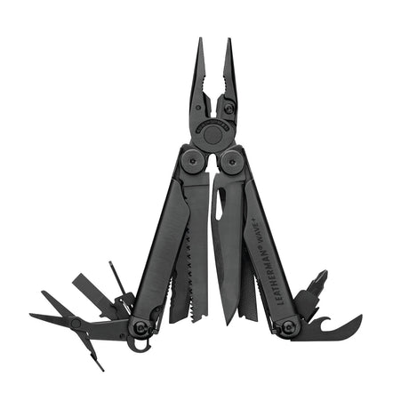 Translation missing: en.Black Leatherman Wave® Plus multi-tool with pliers, blades, and multiple tools displayed in an open position