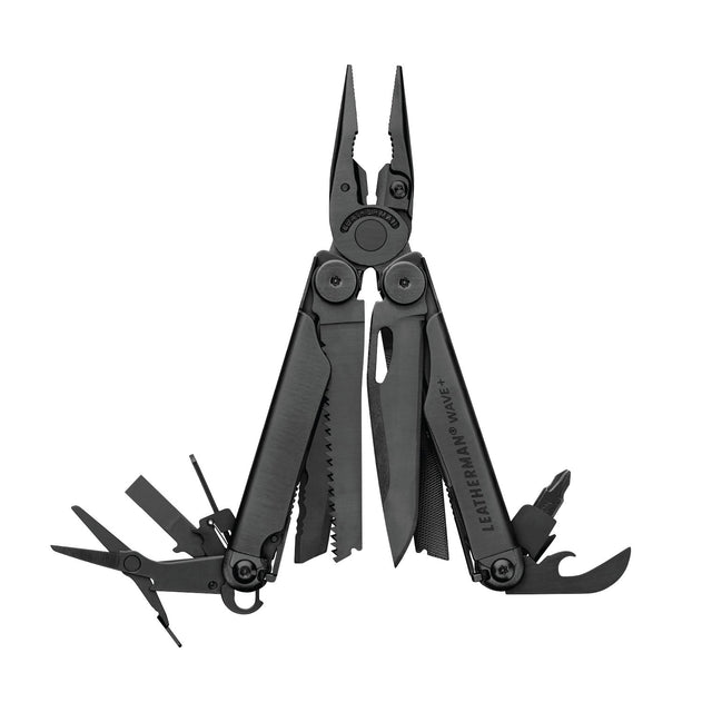 Translation missing: en.Black Leatherman Wave® Plus multi-tool with pliers, blades, and multiple tools displayed in an open position